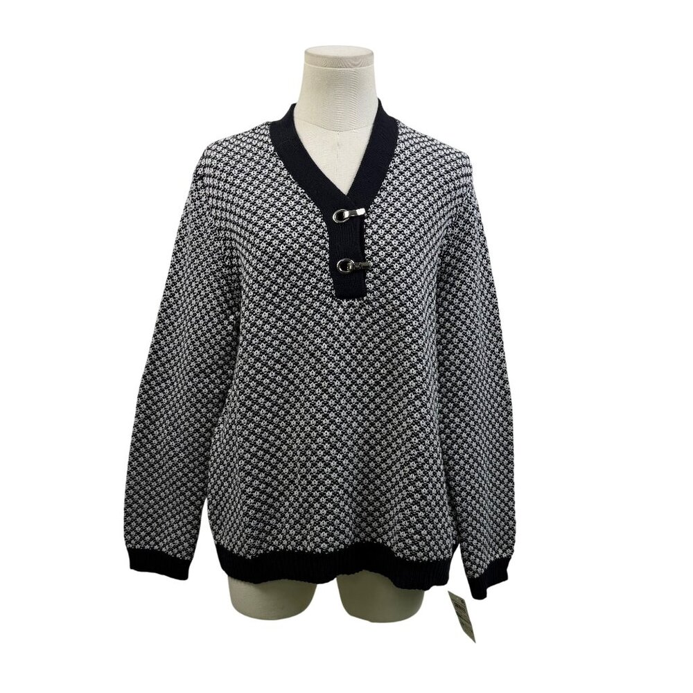 Karen Scott Women’s Black & White Cotton Sweater With Clasp Details Size L - New
